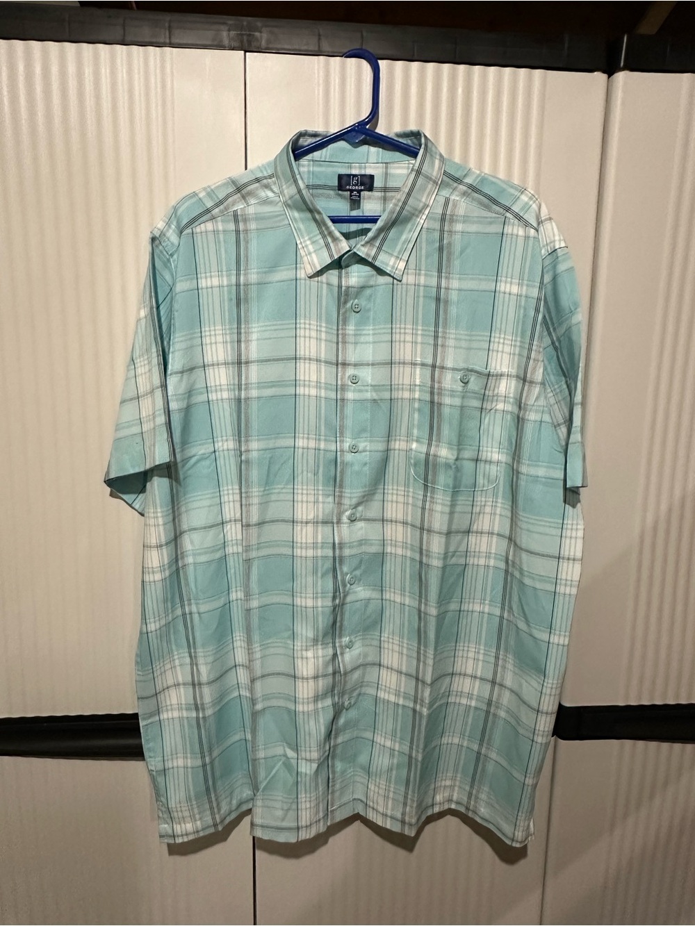 George Men's Short-Sleeve Plaid Button-Down Shirt in Mint and White 2XL